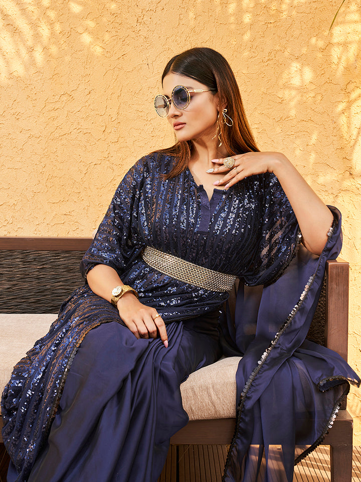 Navy Blue Colored Sequinned Kaftan Saree with Belt with Unstitched Blouse