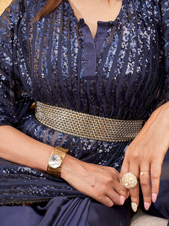 Navy Blue Colored Sequinned Kaftan Saree with Belt with Unstitched Blouse