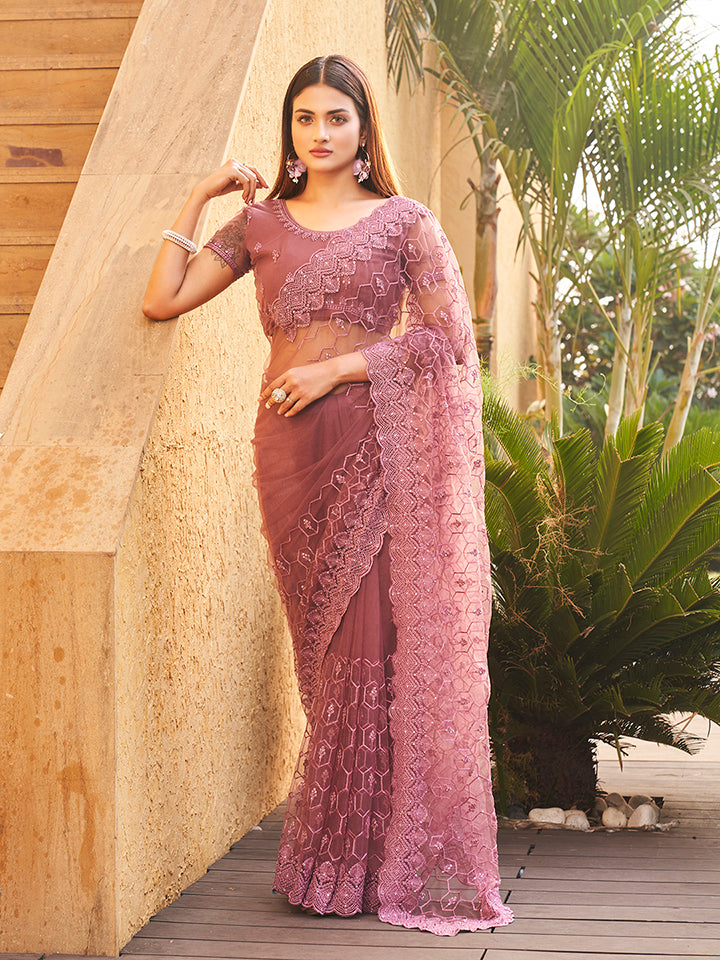 Floral Embroidered Beads & Stones Net Saree
