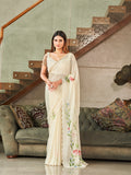 Cream Colored Polyester Saree with Hand Print and Scalloped Border with Unstitched Blouse