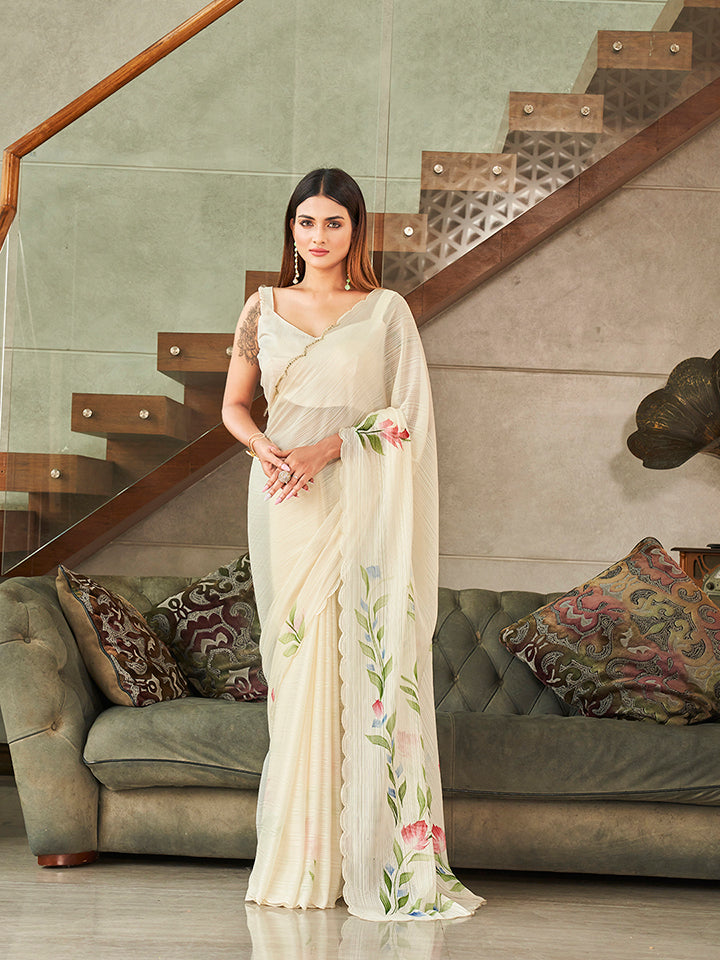 Cream Colored Polyester Saree with Hand Print and Scalloped Border with Unstitched Blouse