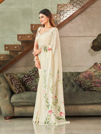 Cream Colored Polyester Saree with Hand Print and Scalloped Border with Unstitched Blouse