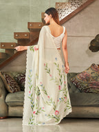Cream Colored Polyester Saree with Hand Print and Scalloped Border with Unstitched Blouse