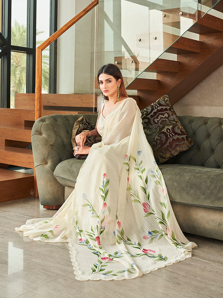 Cream Colored Polyester Saree with Hand Print and Scalloped Border with Unstitched Blouse