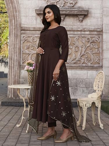 Coco Color Chinon Solid Flared Kurta Set With Sequinns Dupatta