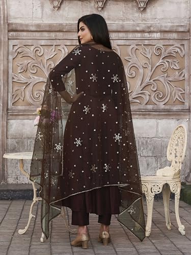 Coco Color Chinon Solid Flared Kurta Set With Sequinns Dupatta