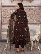 Coco Color Chinon Solid Flared Kurta Set With Sequinns Dupatta