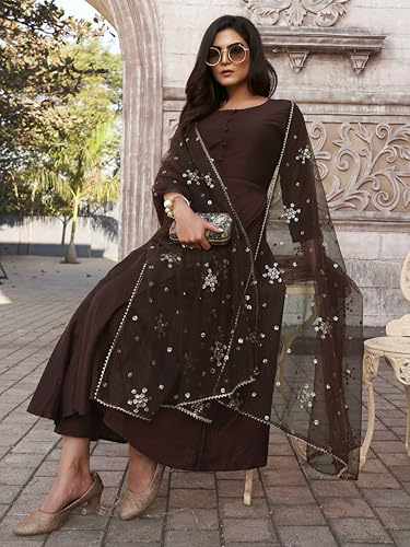 Coco Color Chinon Solid Flared Kurta Set With Sequinns Dupatta