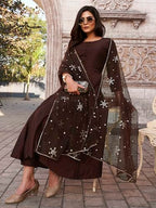 Coco Color Chinon Solid Flared Kurta Set With Sequinns Dupatta