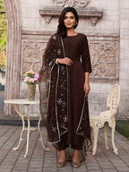 Coco Color Chinon Solid Flared Kurta Set With Sequinns Dupatta