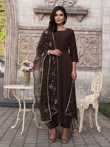 Coco Color Chinon Solid Flared Kurta Set With Sequinns Dupatta