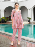 Baby Pink color linen with contrast color embroidered Flared tunic and trouser Co-ord set