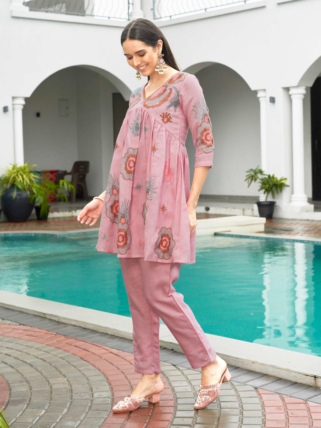 Baby Pink color linen with contrast color embroidered Flared tunic and trouser Co-ord set