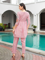 Baby Pink color linen with contrast color embroidered Flared tunic and trouser Co-ord set
