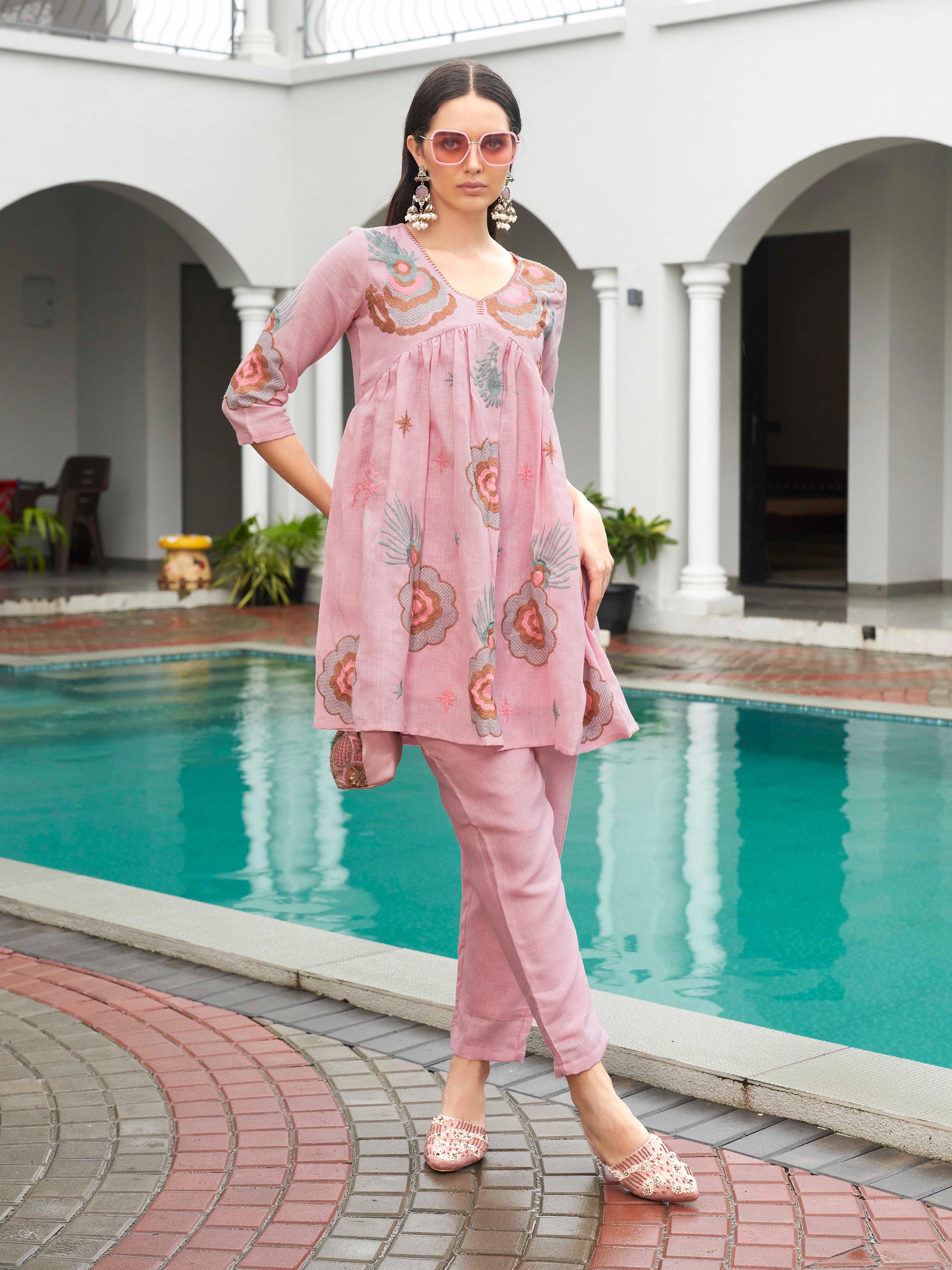 Baby Pink color linen with contrast color embroidered Flared tunic and trouser Co-ord set