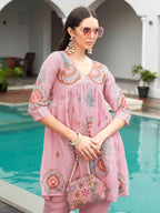 Baby Pink color linen with contrast color embroidered Flared tunic and trouser Co-ord set