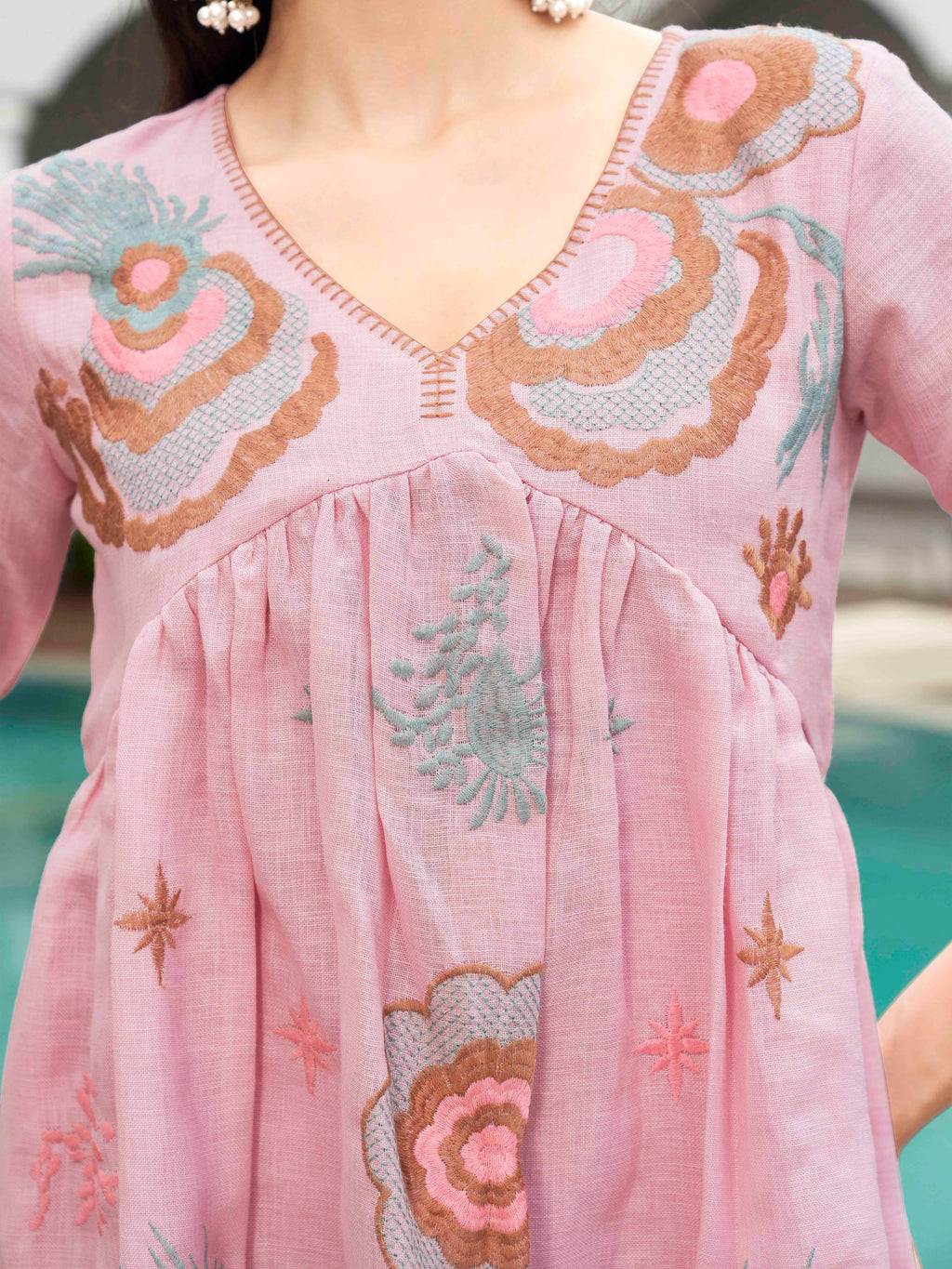 Baby Pink color linen with contrast color embroidered Flared tunic and trouser Co-ord set