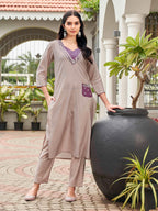 Beige & Taupe color silk blend with mirror patch work top and trouser Co-ord set