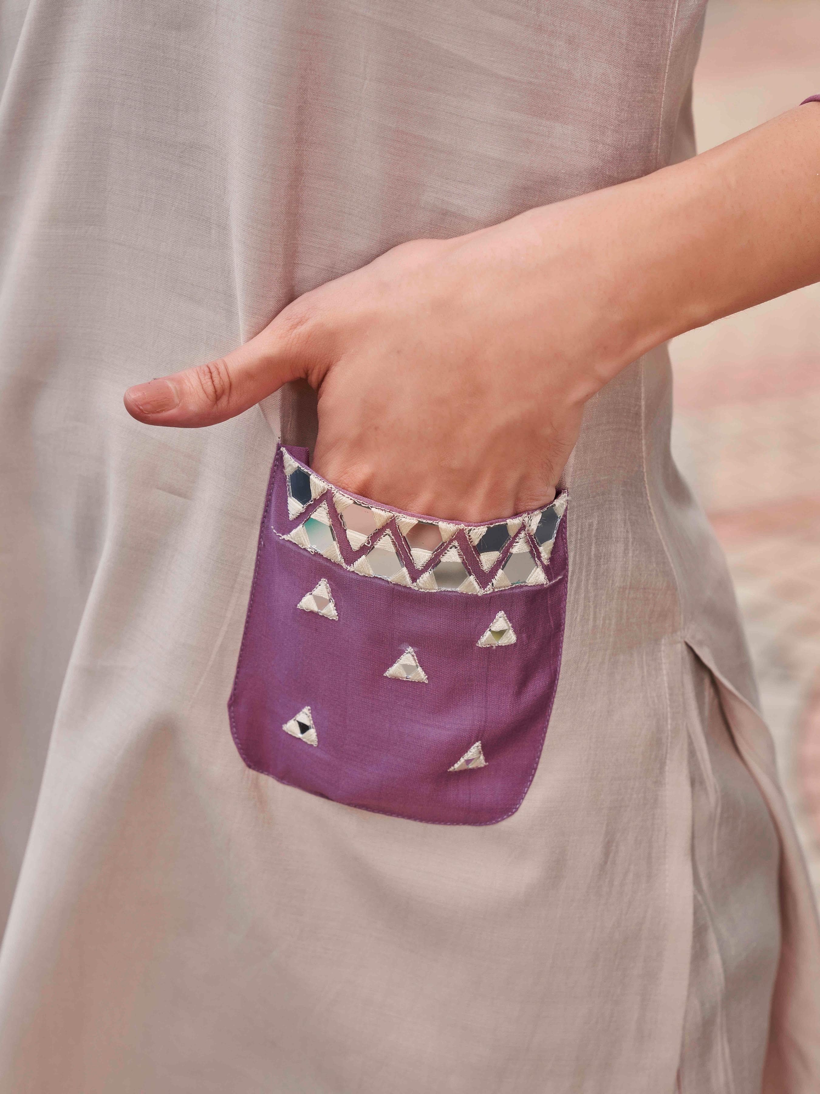 Beige & Taupe color silk blend with mirror patch work top and trouser Co-ord set