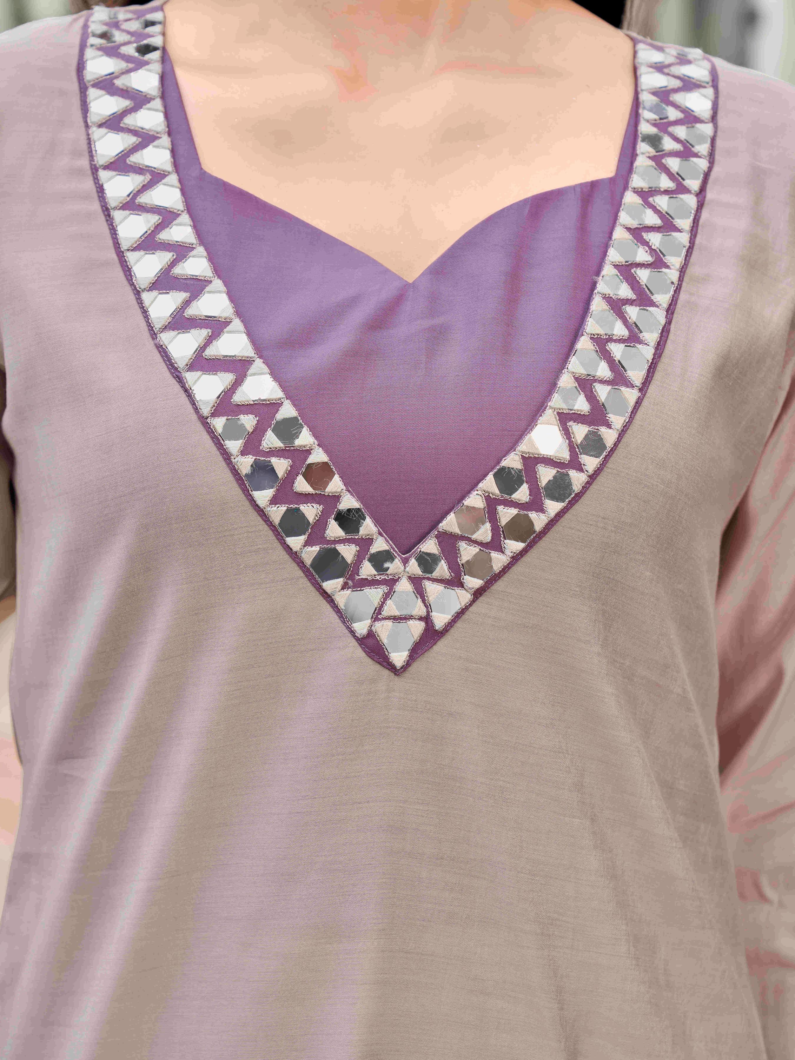 Beige & Taupe color silk blend with mirror patch work top and trouser Co-ord set