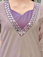 Beige & Taupe color silk blend with mirror patch work top and trouser Co-ord set