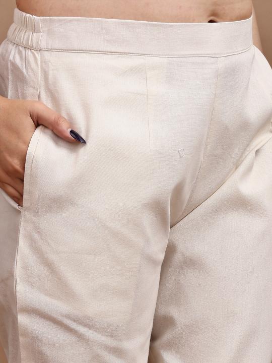 Off White color linen with contrast thread butterfly embroidered kurta and trouser Co-ord set