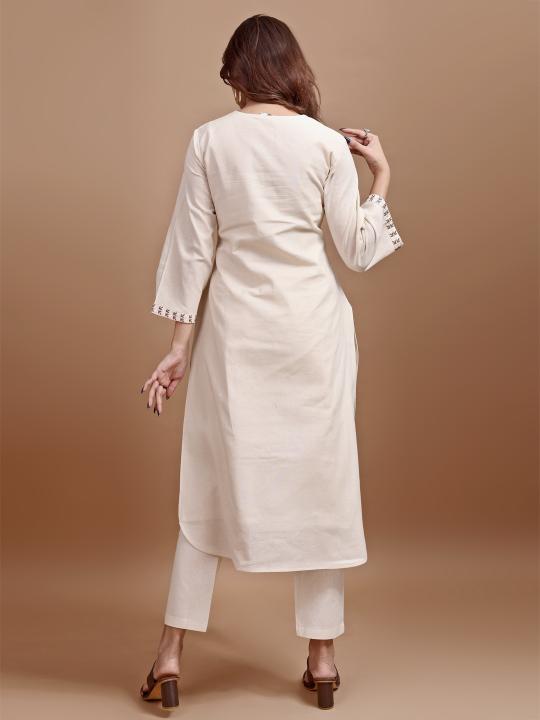 Off White color linen with contrast thread butterfly embroidered kurta and trouser Co-ord set