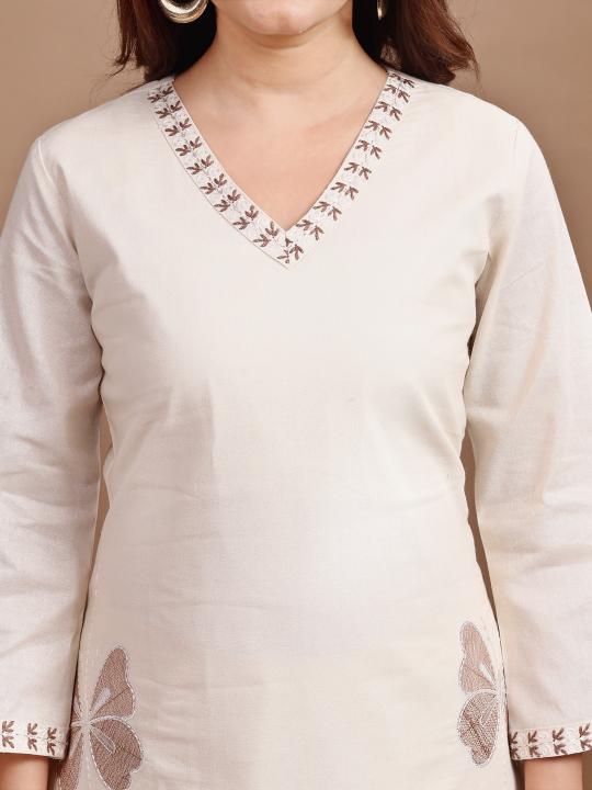 Off White color linen with contrast thread butterfly embroidered kurta and trouser Co-ord set
