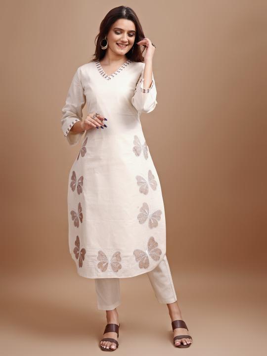 Off White color linen with contrast thread butterfly embroidered kurta and trouser Co-ord set