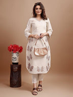 Off White color linen with contrast thread butterfly embroidered kurta and trouser Co-ord set