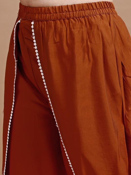 Rust color silk blend with white thread embroidered tunic and dhoti Co-ord set