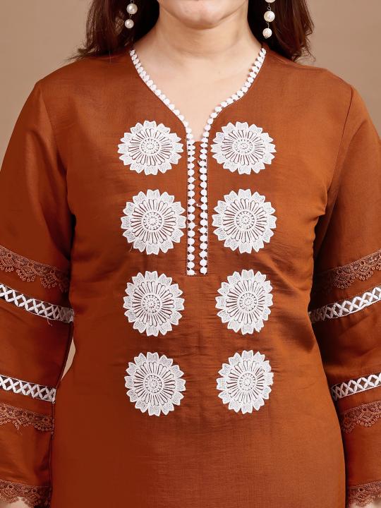 Rust color silk blend with white thread embroidered tunic and dhoti Co-ord set