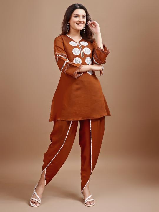 Rust Color Silk Rust color silk blend with white thread embroidered tunic and dhoti Co