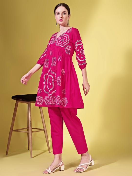 Fuschia color cotton with white thread embroidered tunic & trouser Co-ord set