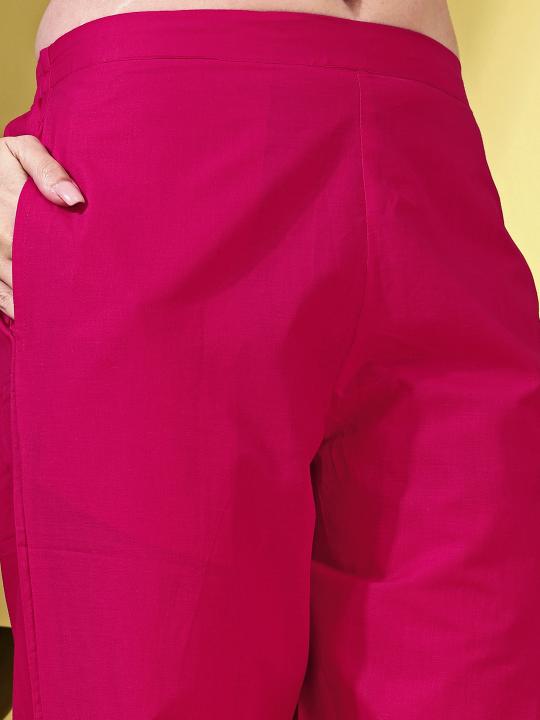 Fuschia color cotton with white thread embroidered tunic & trouser Co-ord set