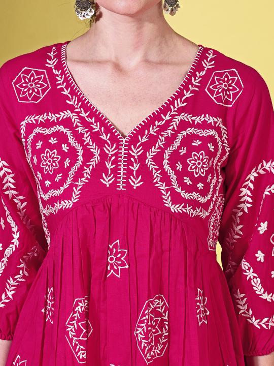 Fuschia color cotton with white thread embroidered tunic & trouser Co-ord set