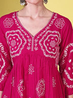 Fuschia color cotton with white thread embroidered tunic & trouser Co-ord set