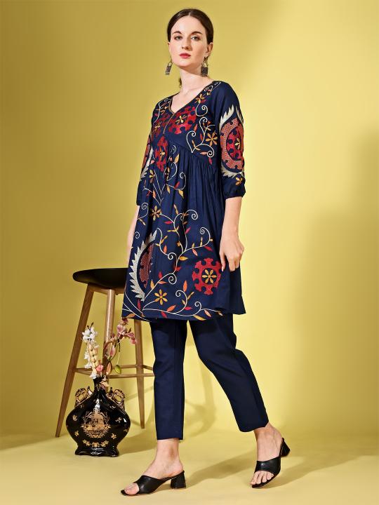 Navy Blue color cotton dobby with contrast embroidered tunic & trouser Co-ord set