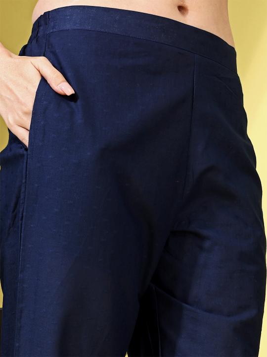 Navy Blue color cotton dobby with contrast embroidered tunic & trouser Co-ord set