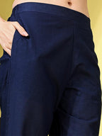 Navy Blue color cotton dobby with contrast embroidered tunic & trouser Co-ord set