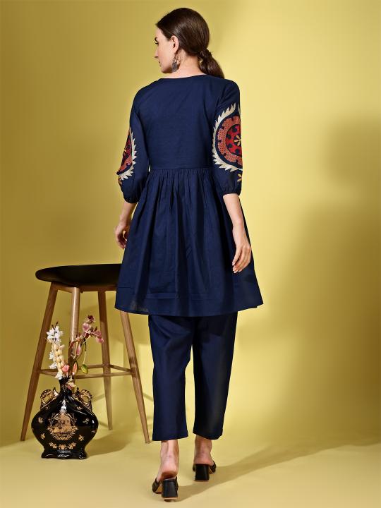 Navy Blue color cotton dobby with contrast embroidered tunic & trouser Co-ord set
