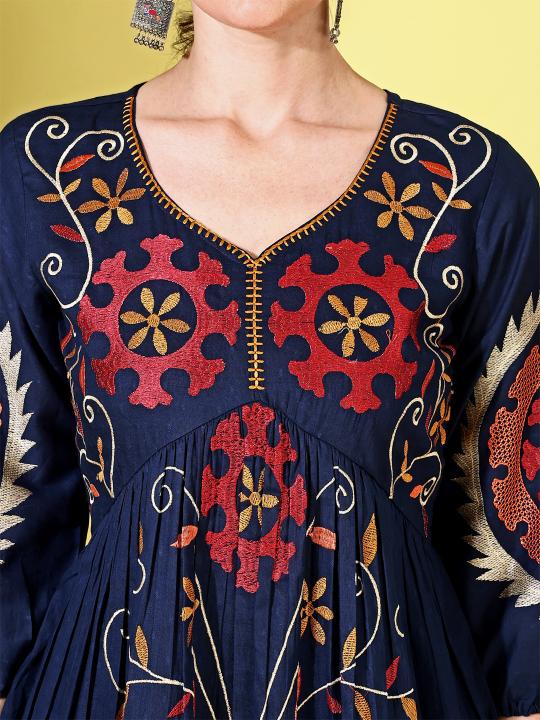 Navy Blue color cotton dobby with contrast embroidered tunic & trouser Co-ord set