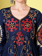 Navy Blue color cotton dobby with contrast embroidered tunic & trouser Co-ord set
