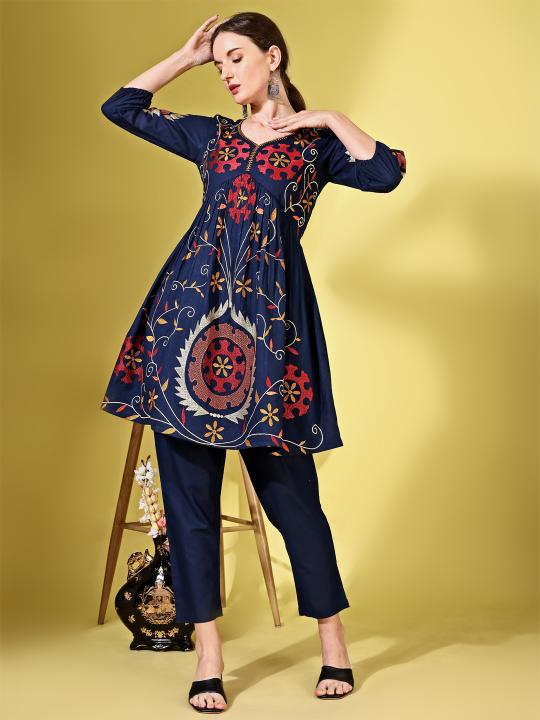 Navy Blue color cotton dobby with contrast embroidered tunic & trouser Co-ord set