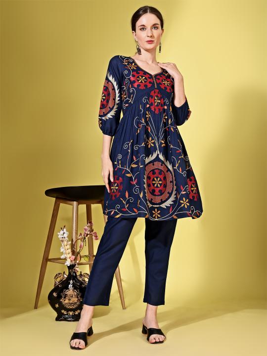 Navy Blue color cotton dobby with contrast embroidered tunic & trouser Co-ord set