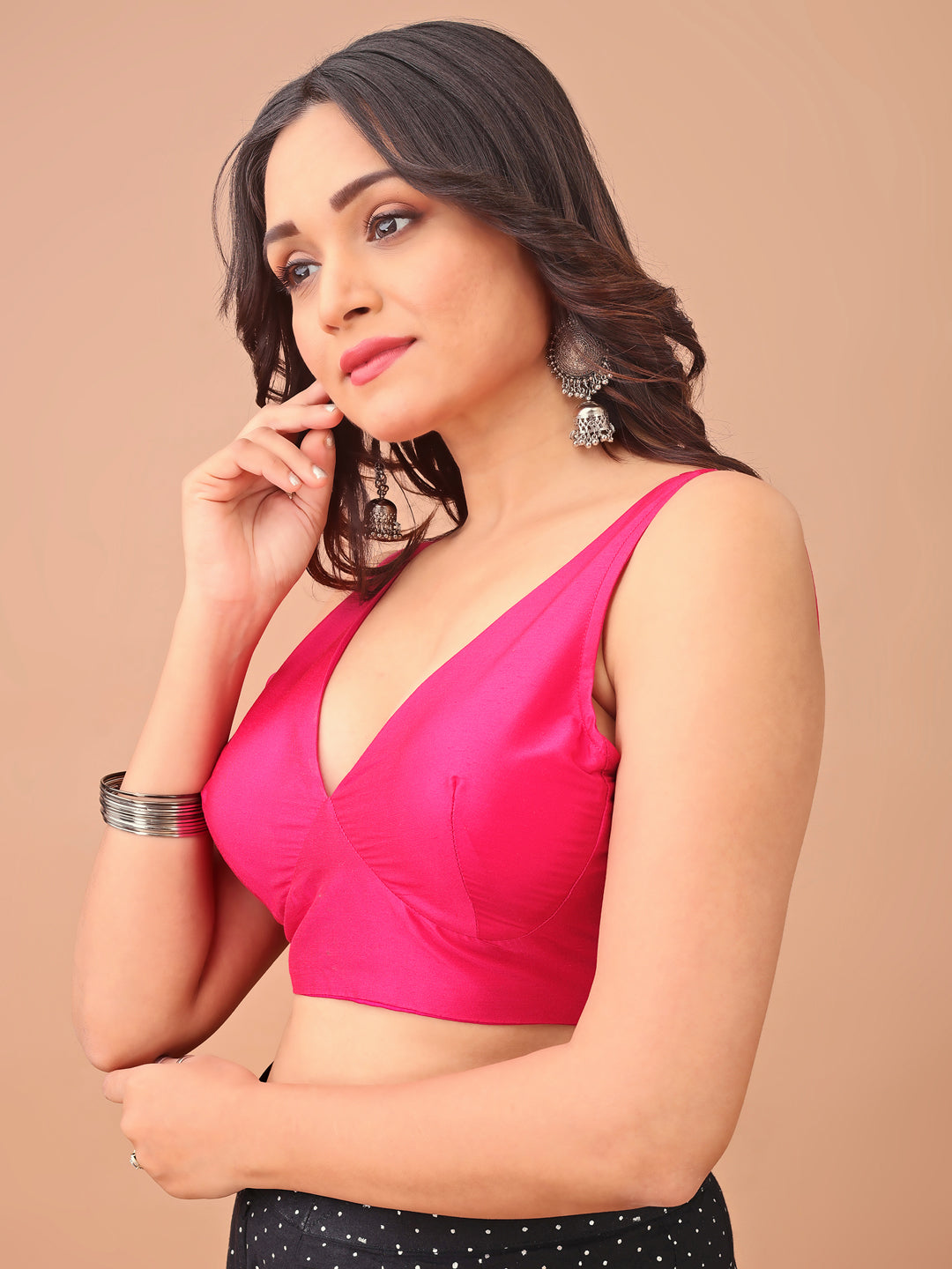 Pink colour tafetta sleeveless blouse