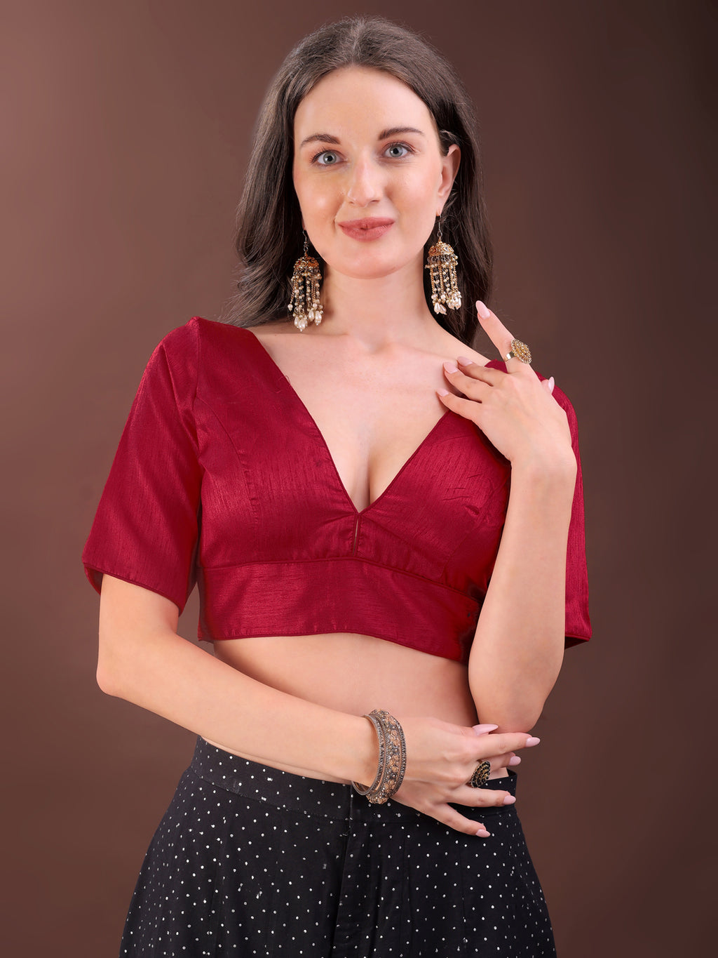 Red colour dupion half sleeves blouse