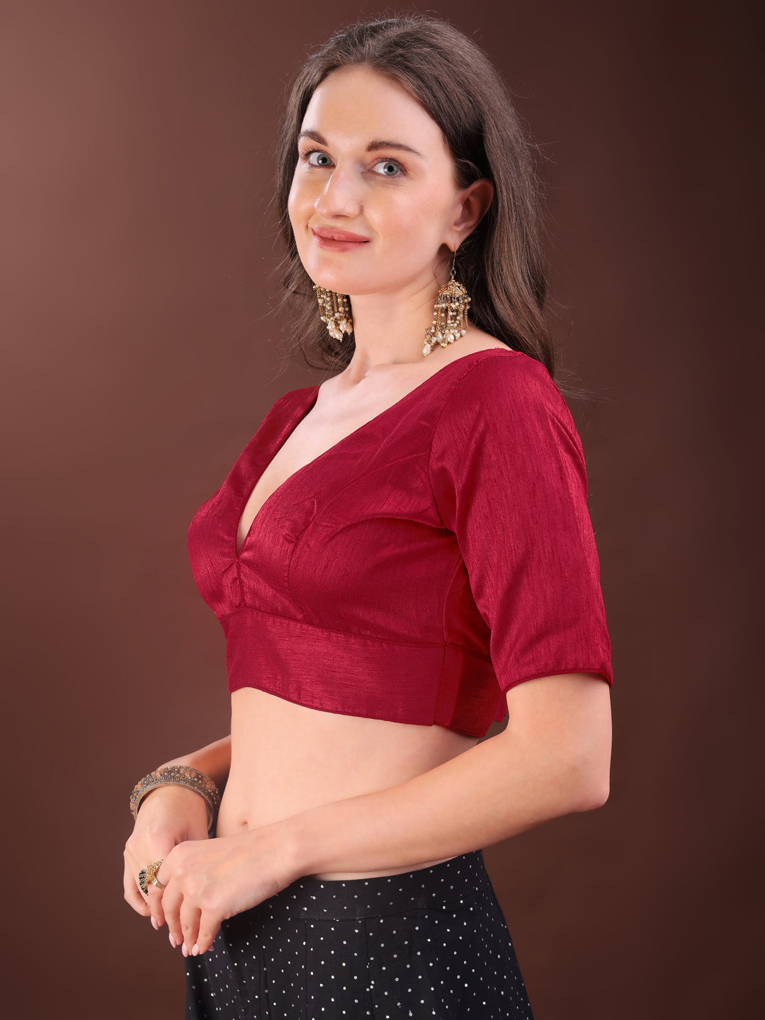 Red colour dupion half sleeves blouse