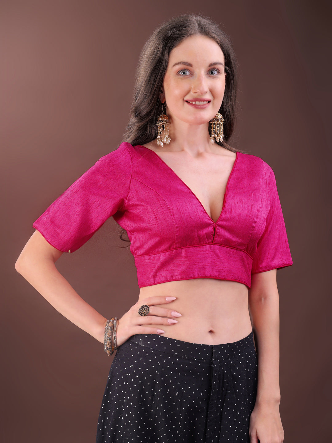 Wine colour dupion half sleeves blouse