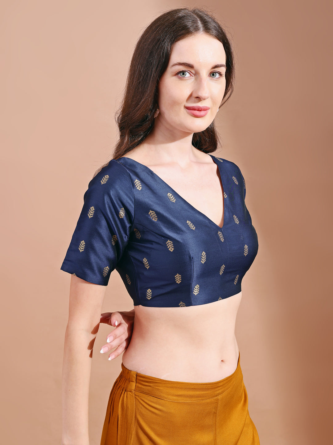 Navy blue colour tafetta half sleeves blouse